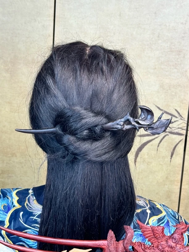 双叶紫光檀简约手工簪发国风古风古典日常中式气质高贵上档次头簪