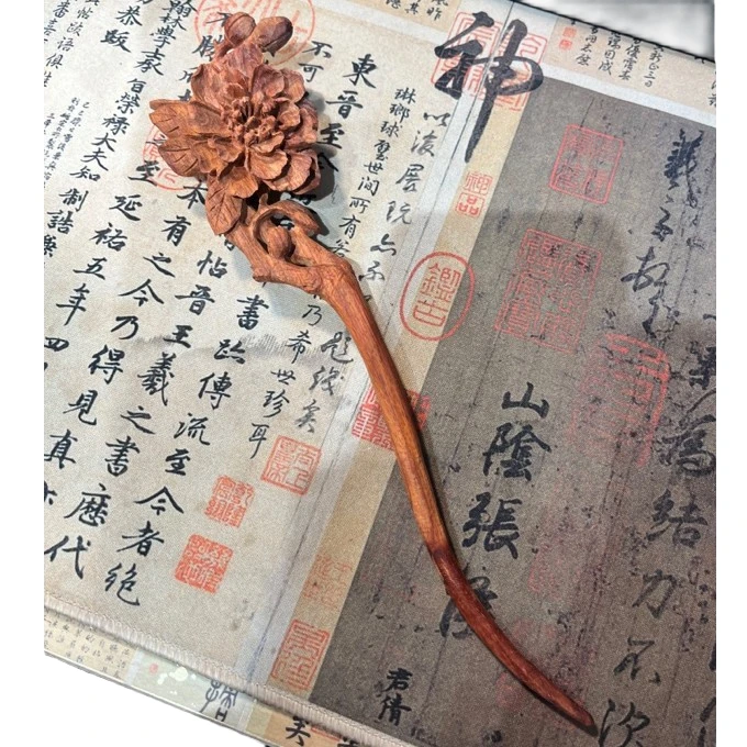 赞比亚血檀山茶花发簪手工旗袍民族风简约日常古典中国风古风百搭