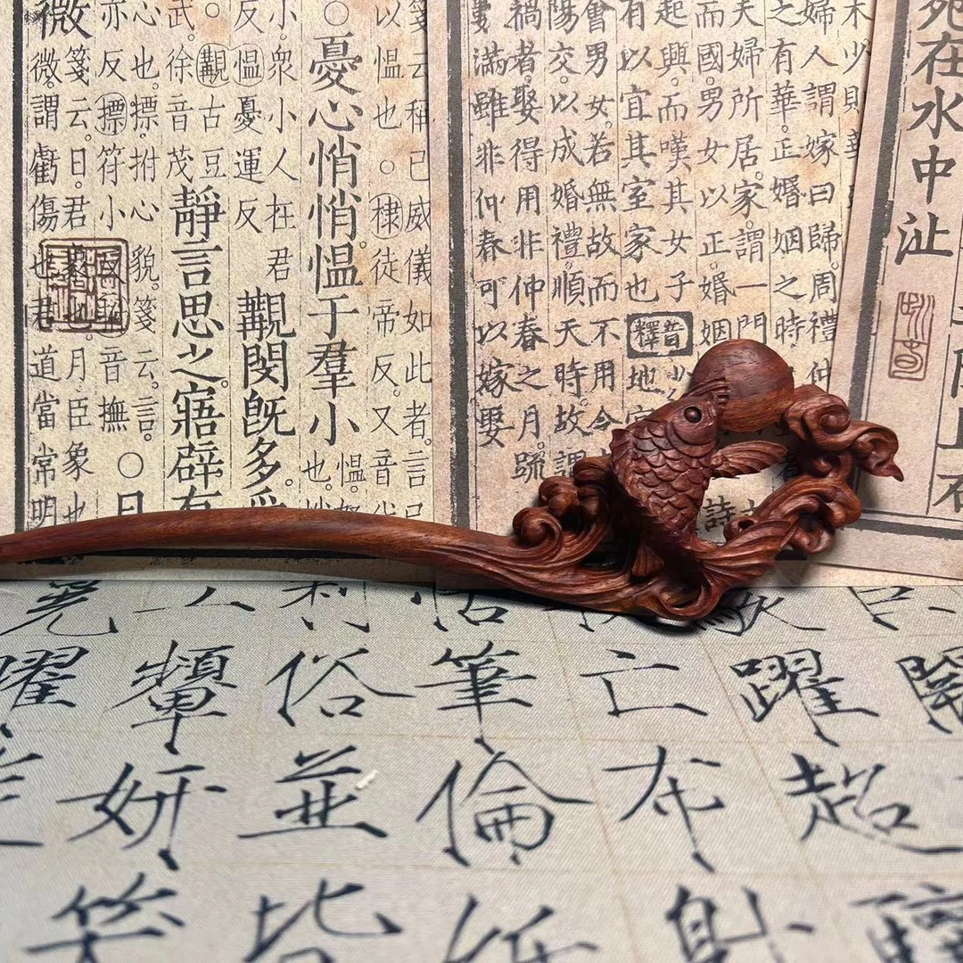 赞比亚血檀整料雕刻纯手工锦鲤发簪天然自然