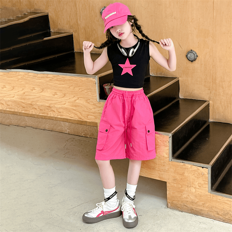 女童工装裤夏季2024新款大童中裤洋气五分裤休闲速干裤小女孩裤子