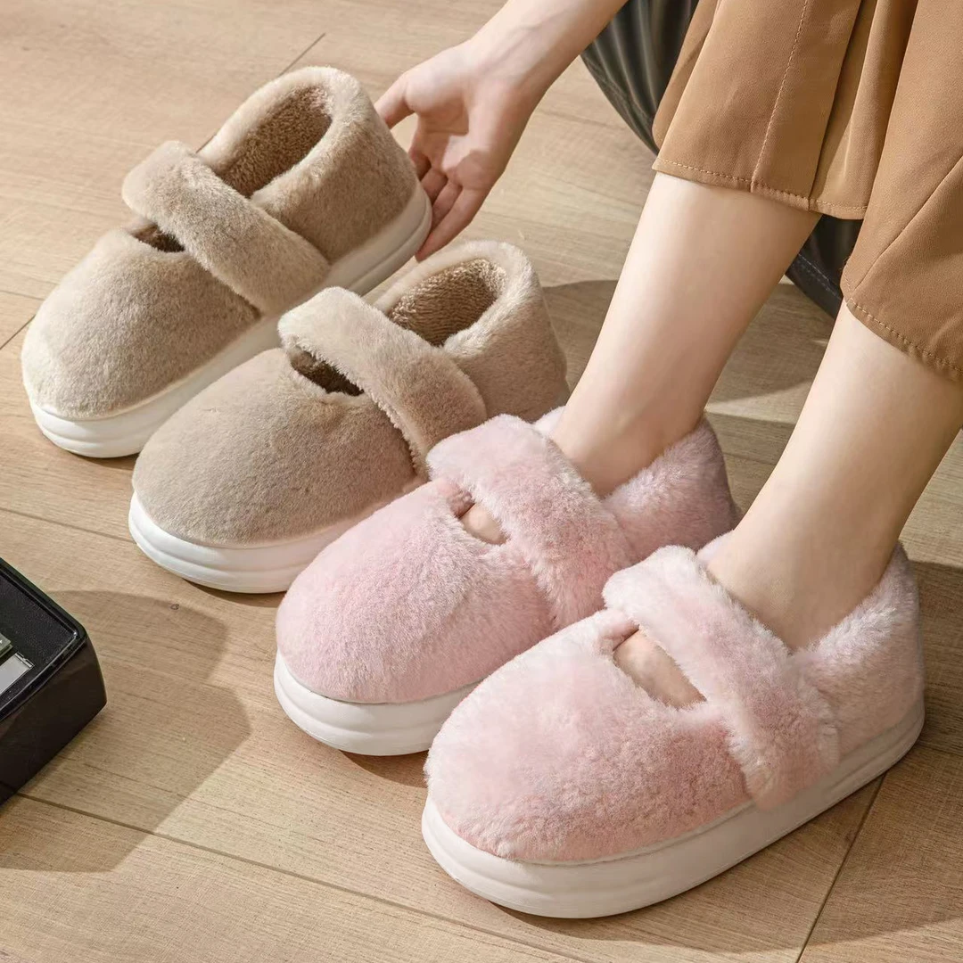 力槟克棉拖鞋女士冬季包跟保暖居家室内厚底防滑毛毛棉鞋