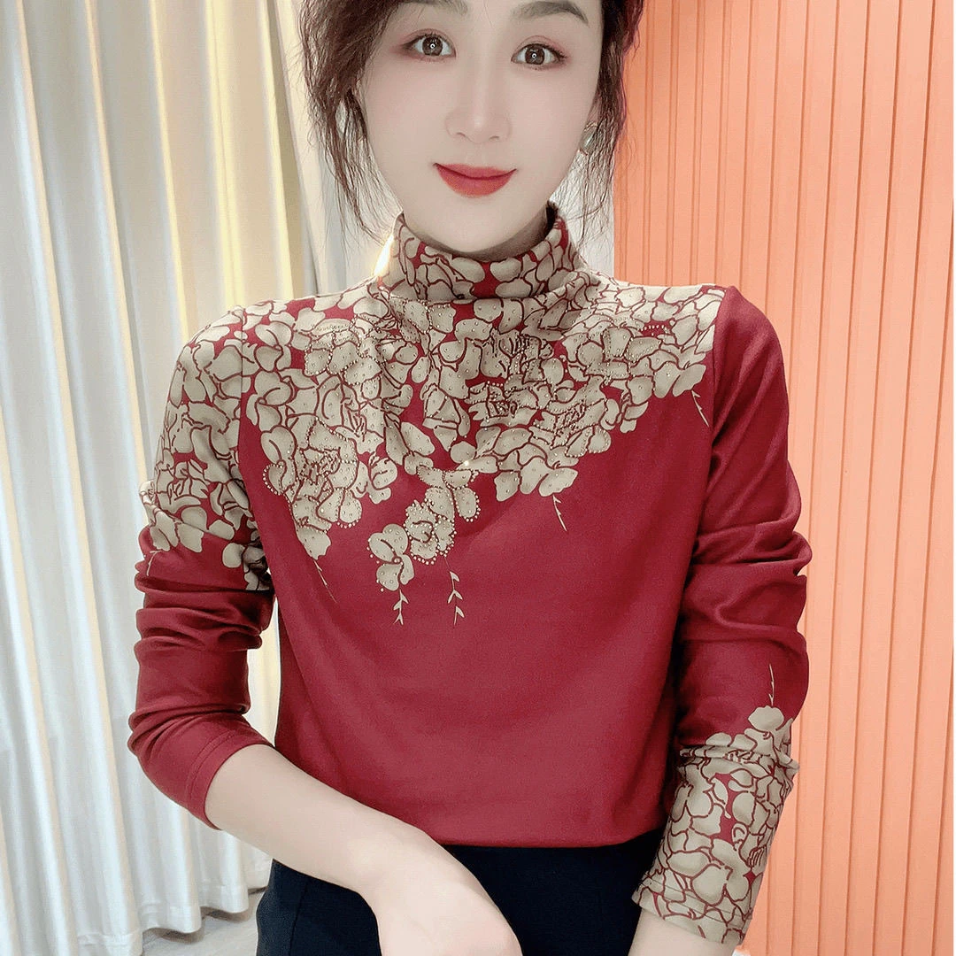2024时尚百搭花色亮钻显瘦气质加绒澳绒女士打底衣洋气修身半高领