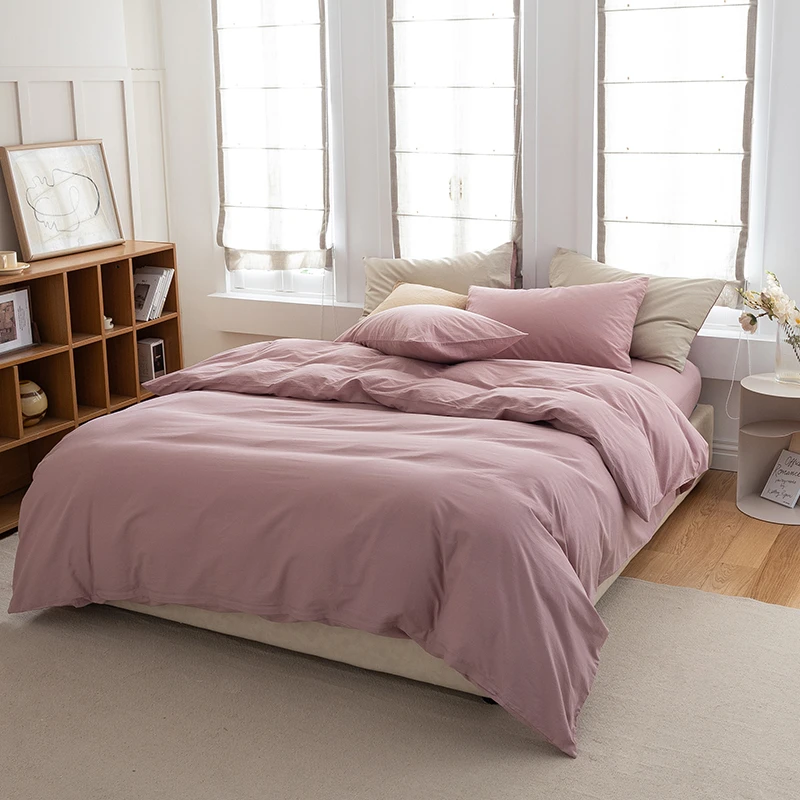 a类全棉四件套简约纯色可水洗四季通用床上用品被套单人床1.2床笠