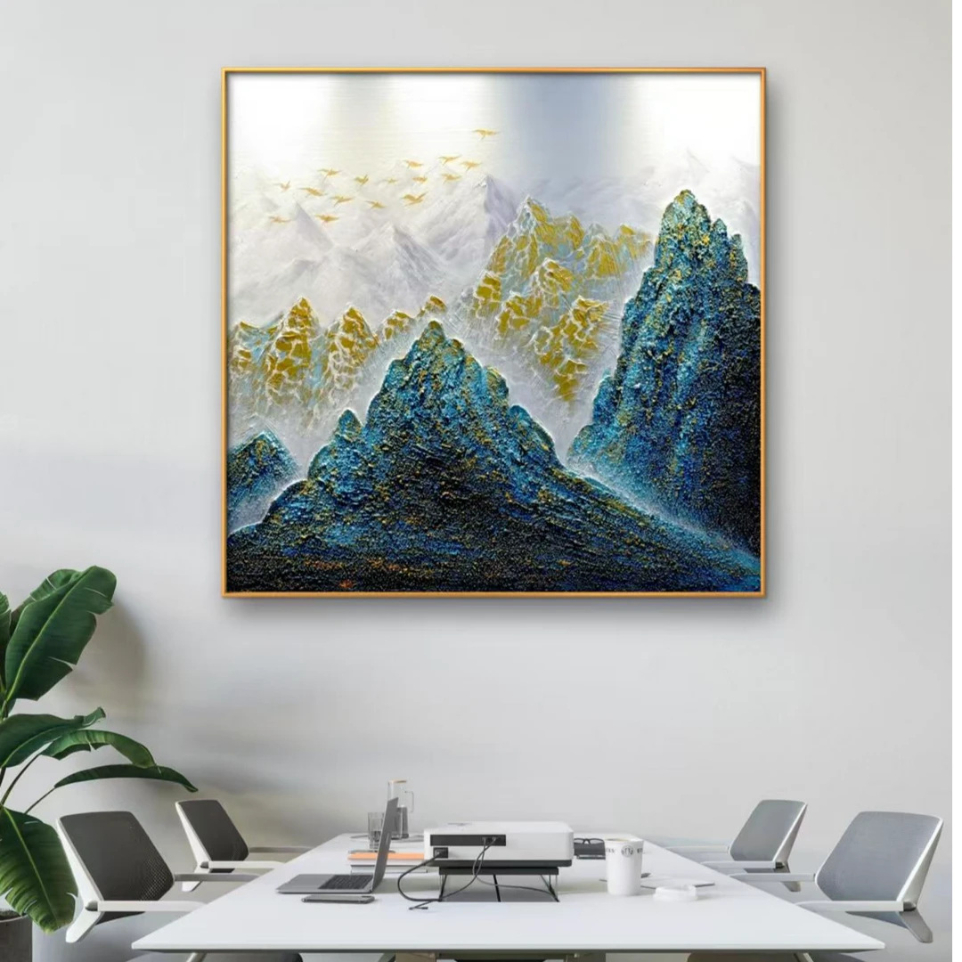 孔雀蓝金山客厅卧室手工玄关餐厅装饰油画客厅装饰画油画挂画手绘