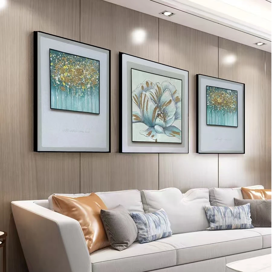 海棠轻奢手工手绘餐厅油画客厅沙发背景墙挂画客厅挂画背景