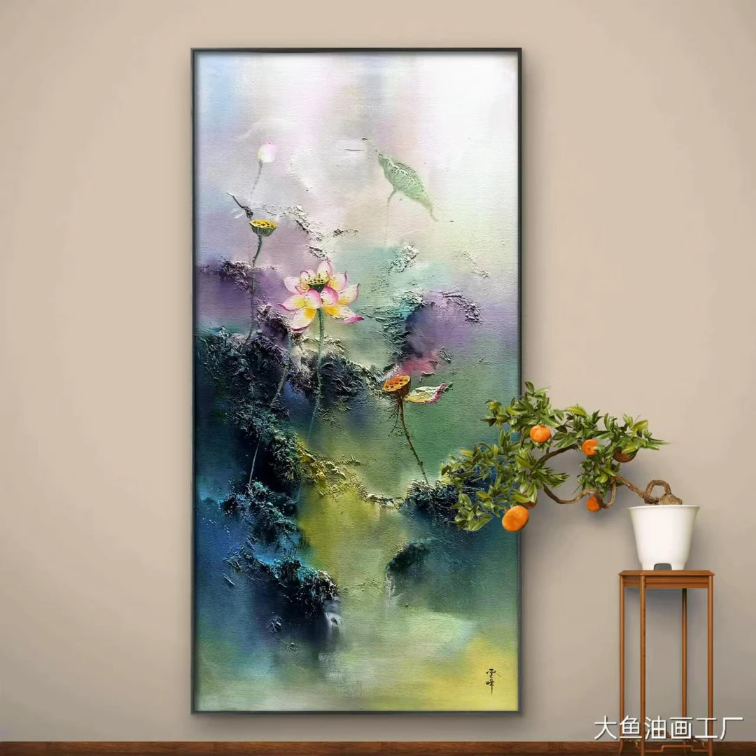 莲花玄关装饰画客厅挂画背景墙主卧室山水画玄关装饰画油画纯手工