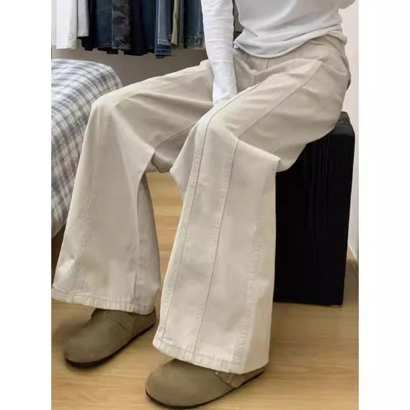 梨型身材米杏色牛仔裤女秋冬款大码胖mm高腰宽松设计感阔腿工装裤