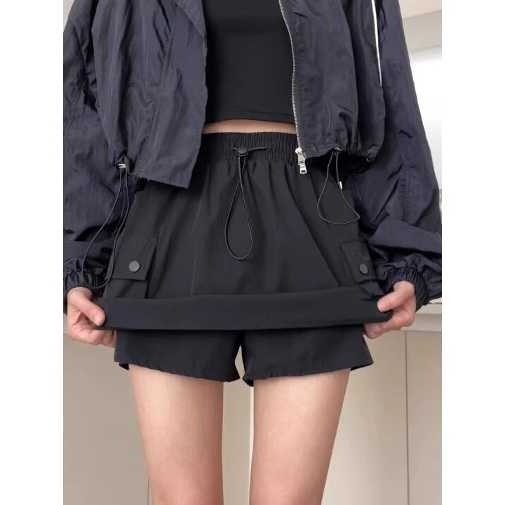 美式工装短裙女夏薄款大码裙裤高腰遮肚显瘦设计感抽绳a字半身裙