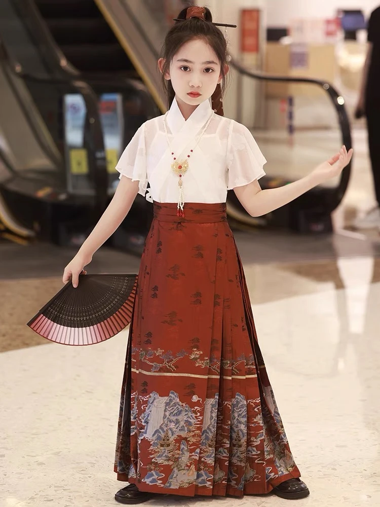 中式马面裙女童夏季套装国风高端汉服儿童夏款中大童唐装夏天古装