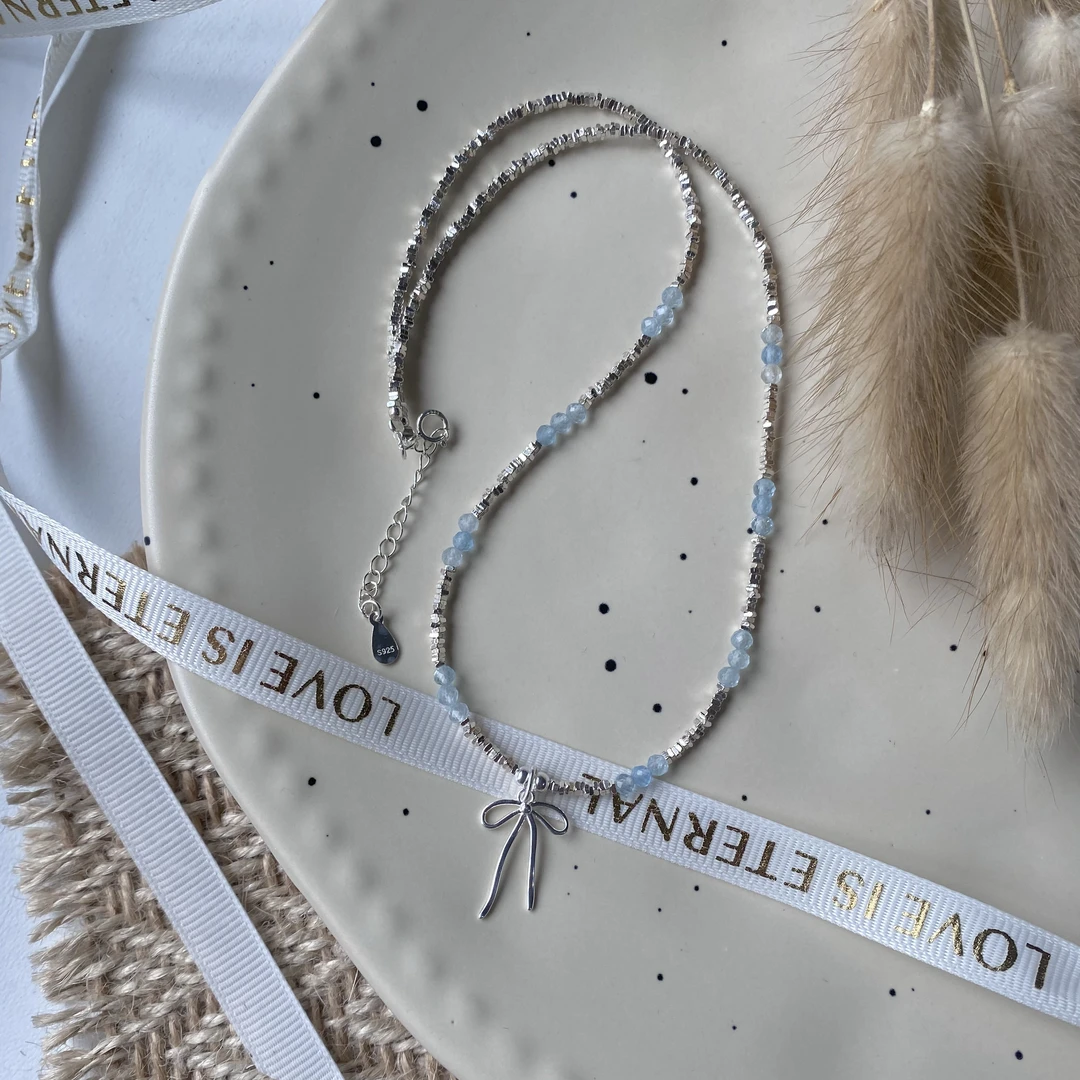 链子925银 蓝精灵 蓝色石头碎银蝴蝶结项链拼接简约气质小众女生