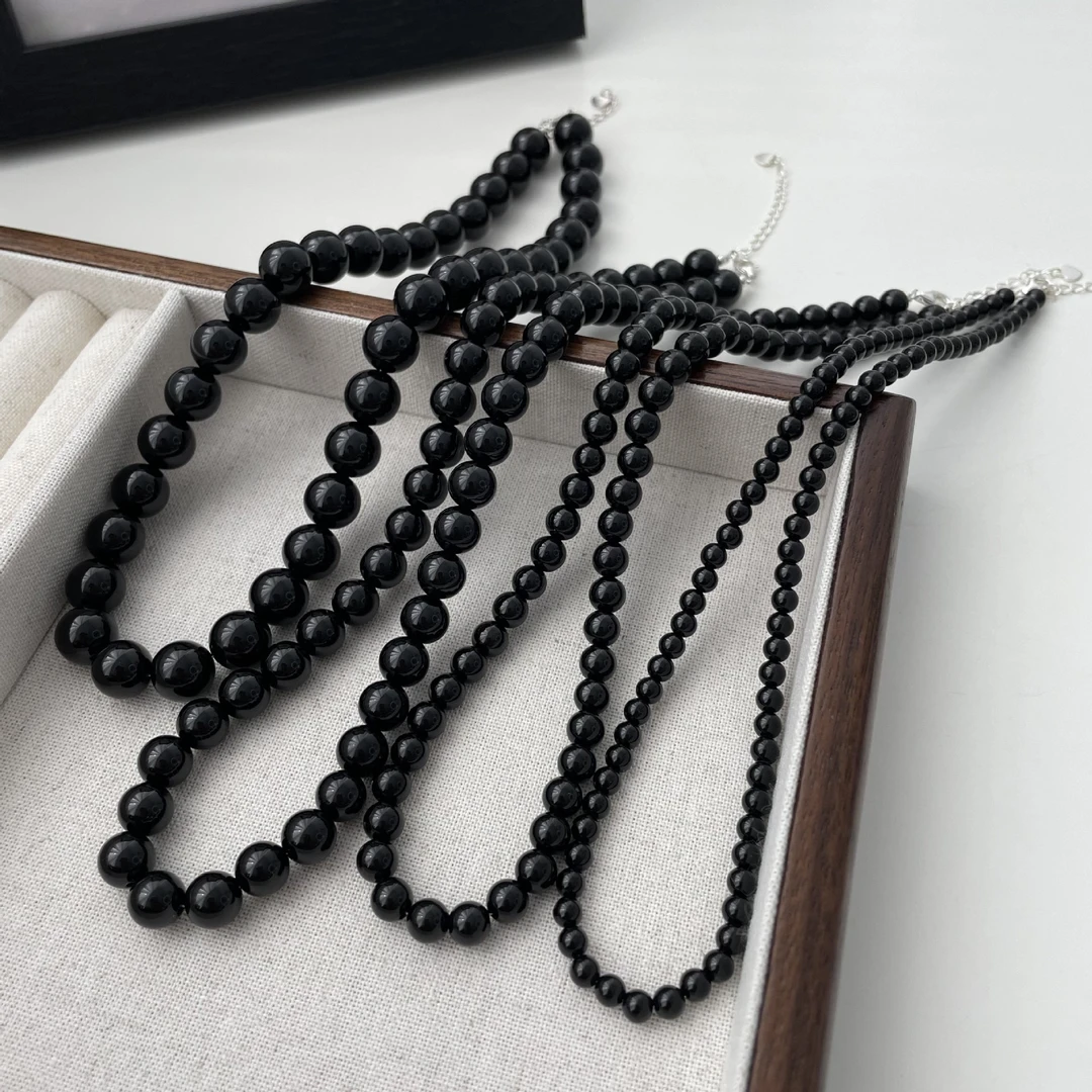 链子925银 黑色珠珠项链小众ins风度假Fever博主同款叠戴锁骨链女