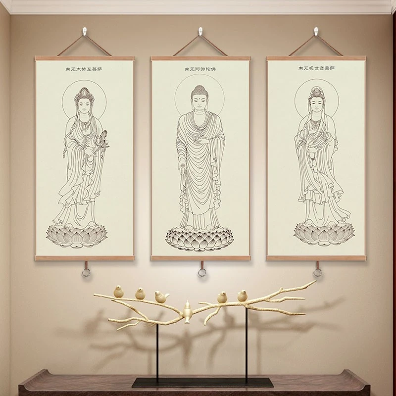 佛院挂画西方三圣送子观音文殊普贤阿弥陀佛大势至菩萨丝绸画像