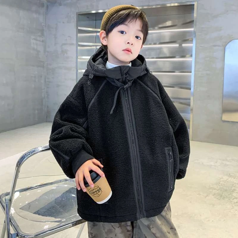 男童冬装加绒外套2024新款中大儿童秋冬款保暖加厚羊羔绒毛毛衣潮