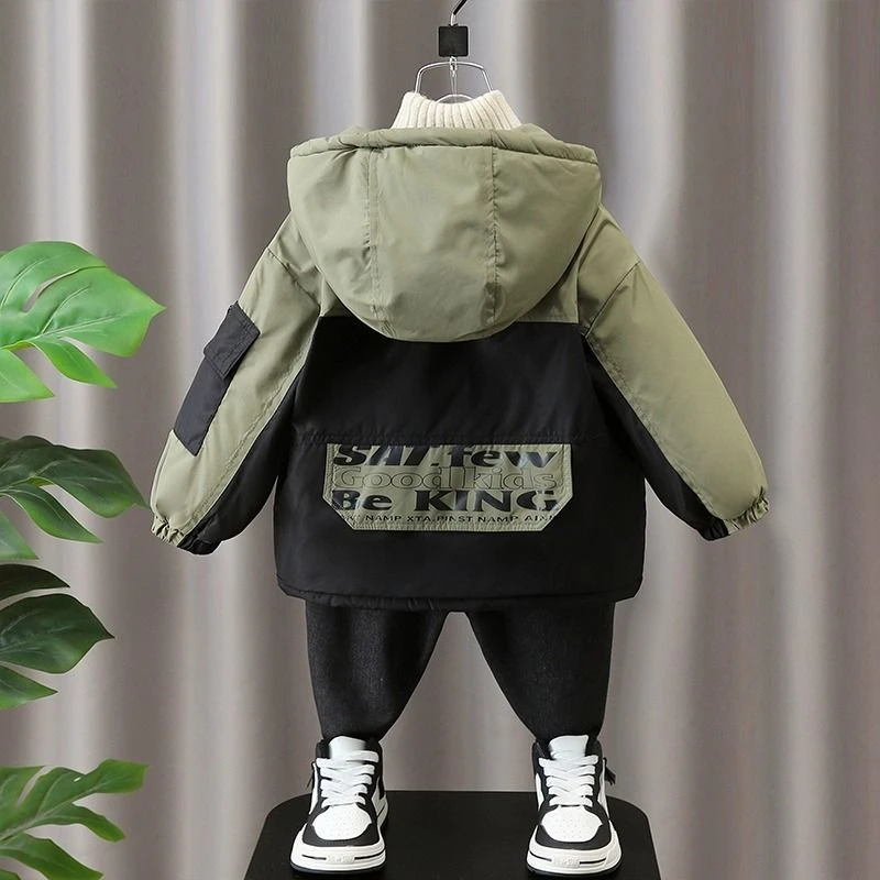 男童加绒派克服冬季秋冬装儿童连帽加厚冲锋衣中小童冬款帅气棉衣