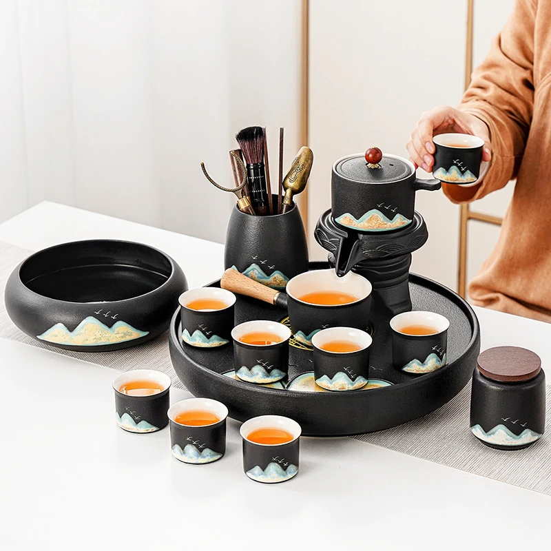 黑陶远山自动茶具套装高档轻奢懒人泡茶神器功夫石磨泡茶壶茶杯