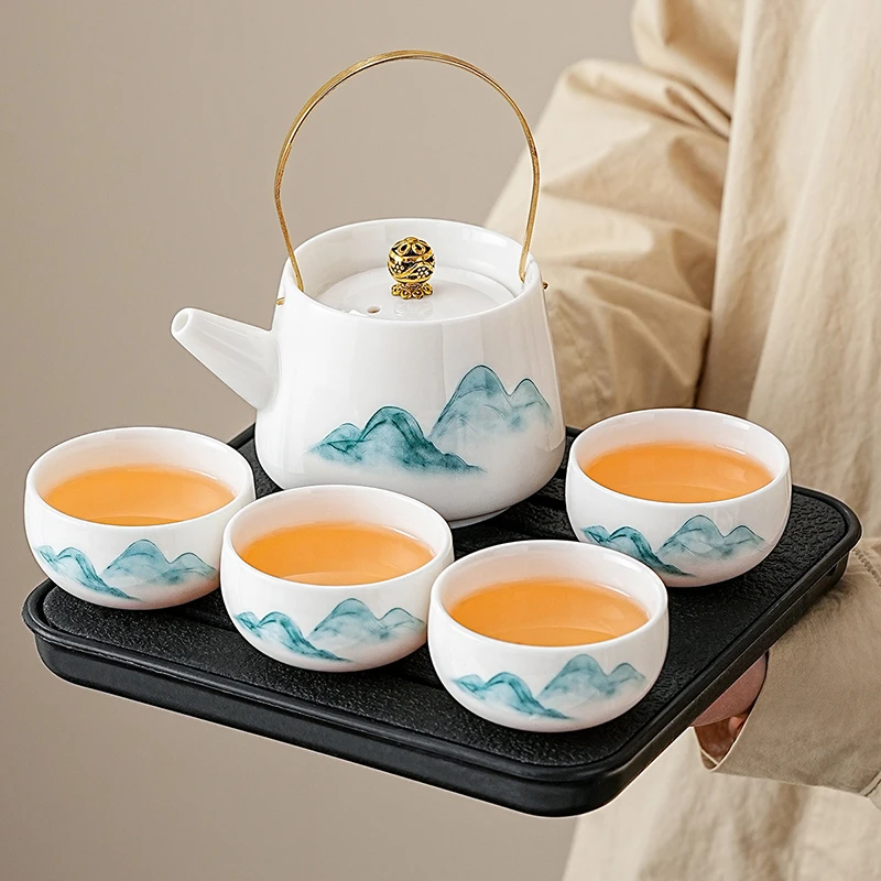 羊脂玉瓷功夫茶具小套装宿舍酒店精致白瓷提梁茶壶喝茶杯带茶盘