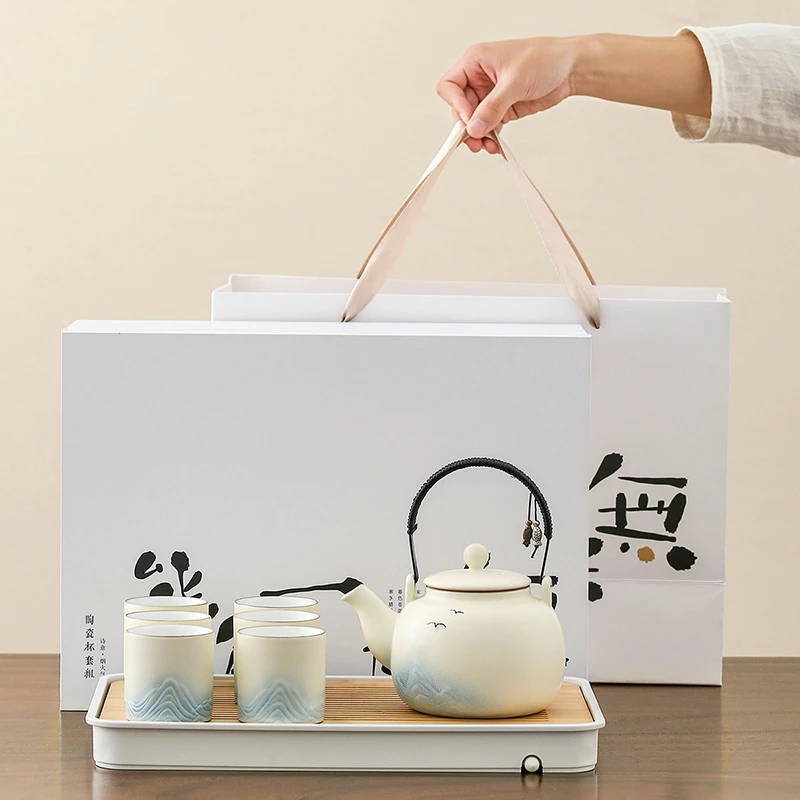 粗陶渐变提梁壶大号功夫茶具套装家用陶瓷茶壶茶杯礼盒可定制logo