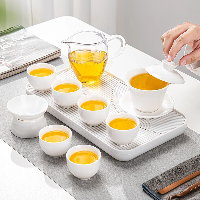 德化白瓷功夫茶具小套装家用悬停三才盖碗泡茶茶杯现代简约茶盘