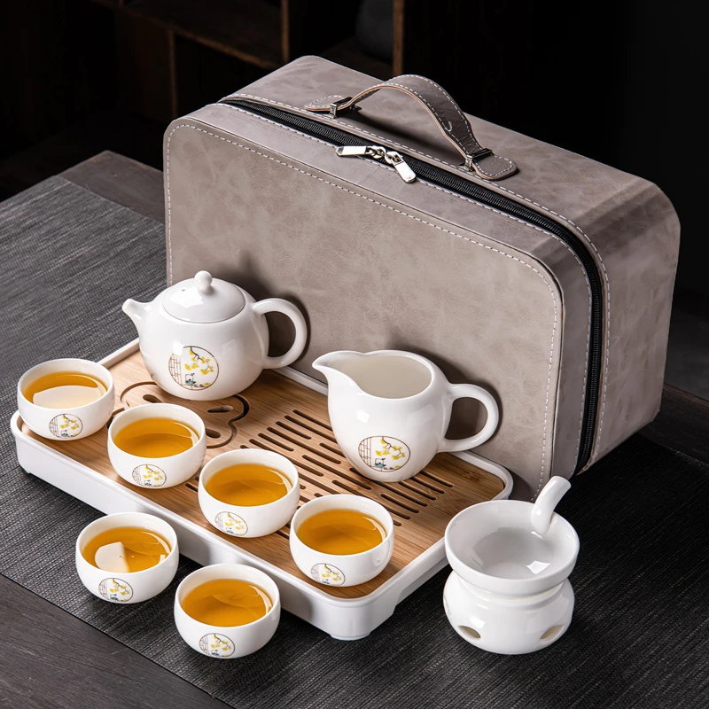 羊脂玉旅行茶具套装便携式户外露营喝茶必备功夫泡茶壶简约茶盘