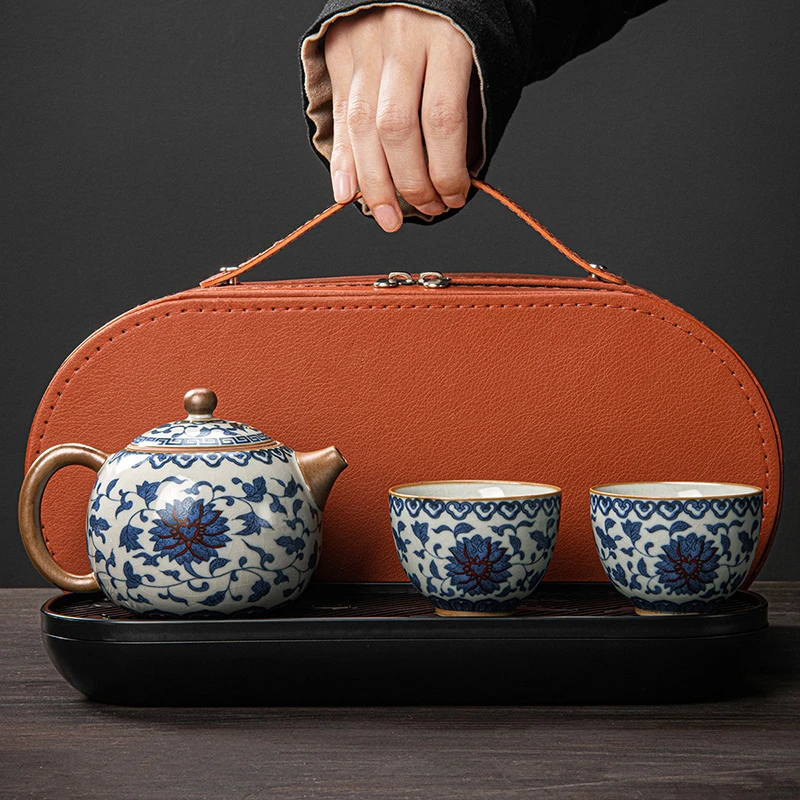 汝窑青花旅行茶具套装便携式泡茶壶功夫茶杯茶盘户外露营必备茶壶