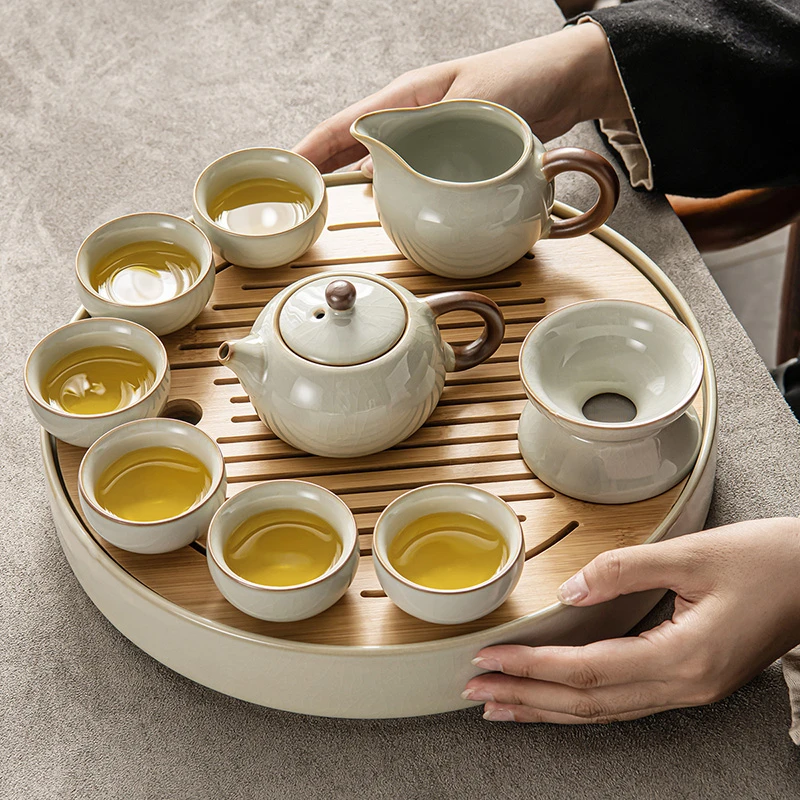 汝窑茶具套装家用高端轻奢陶瓷泡茶壶办公室会客简约茶盘功夫茶杯