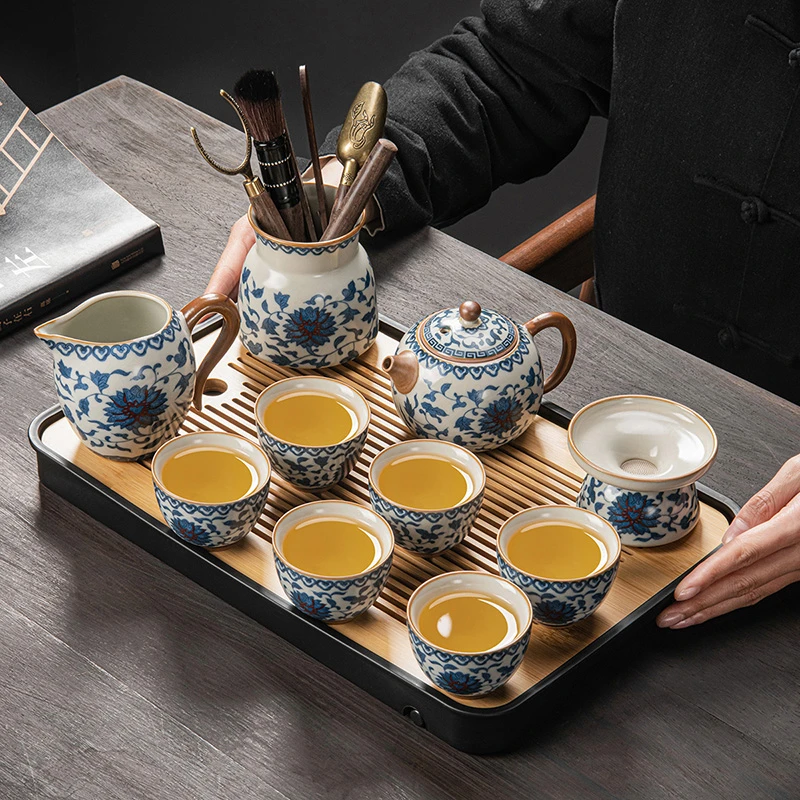 黄汝窑青花旅行茶具套装户外便携轻奢中式陶瓷泡茶必备功夫茶壶