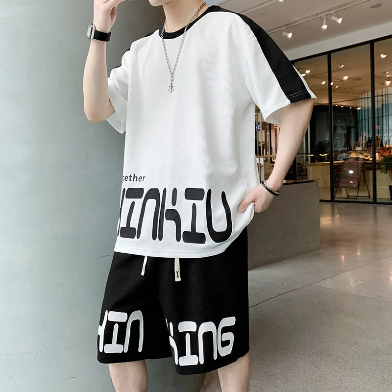 2024新款套装圆领夏季华夫格短袖短裤冰丝男士休闲运动时尚套装