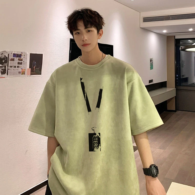 港风2024夏装麂皮绒情侣半袖上衣男装夏季大码宽松短袖T恤百搭