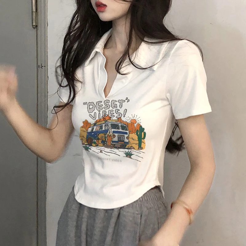 正肩短袖polo衫t恤女2025新款超好看夏季修身弧形下摆白色翻领