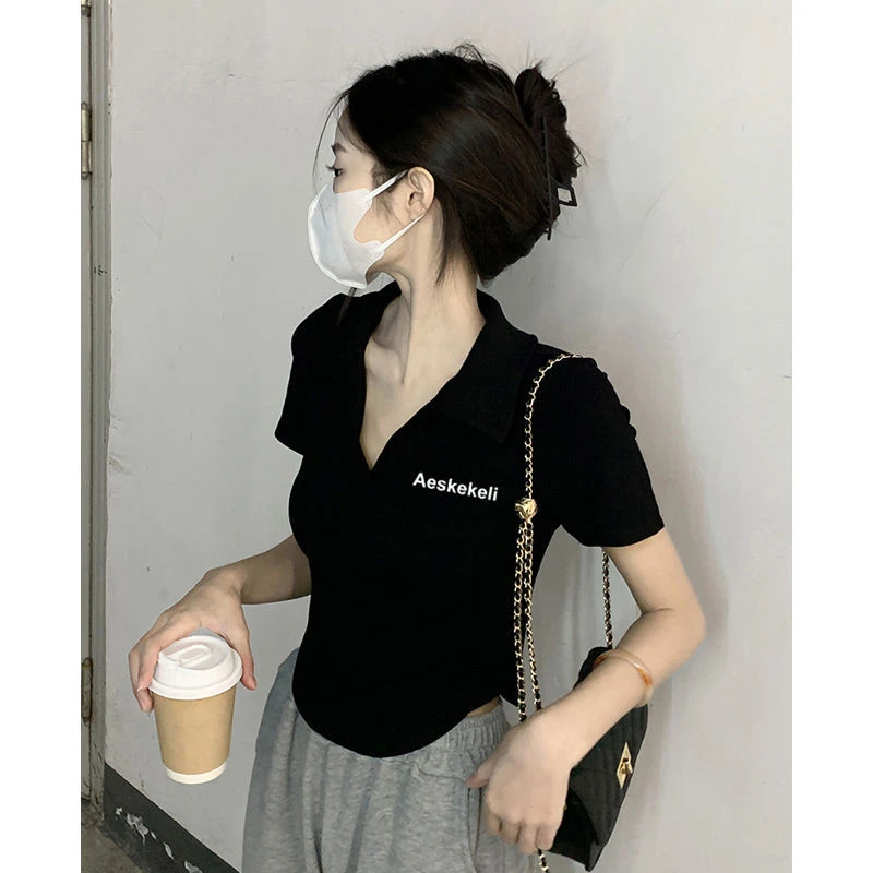 不规则夏季2024新款短袖T恤韩版显瘦设计感polo领复古上衣女ins潮