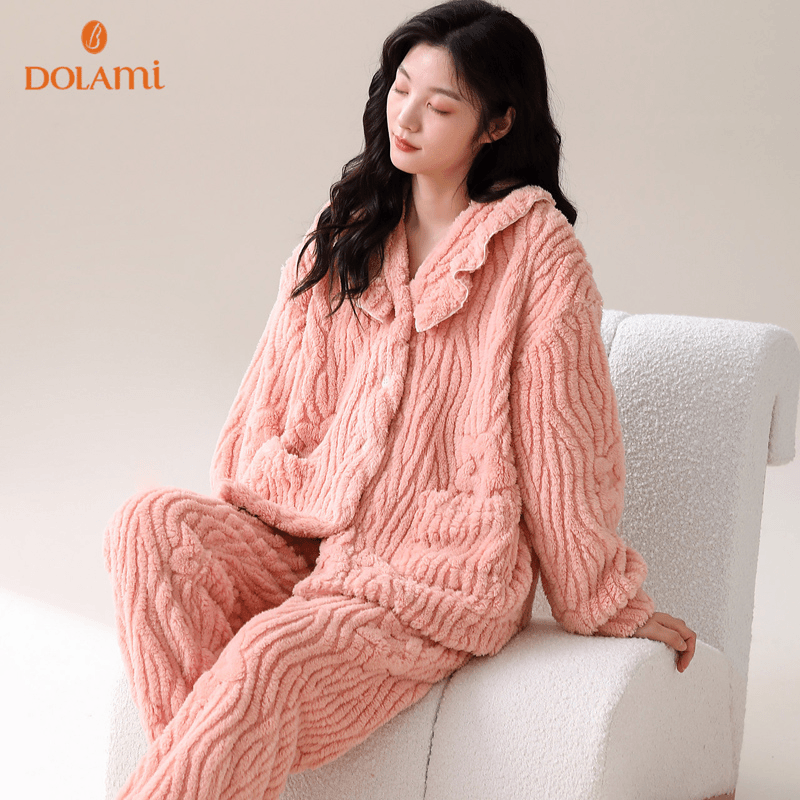 多拉美珊瑚绒睡衣女冬季加厚加绒保暖开衫法兰绒可外穿家居服套装