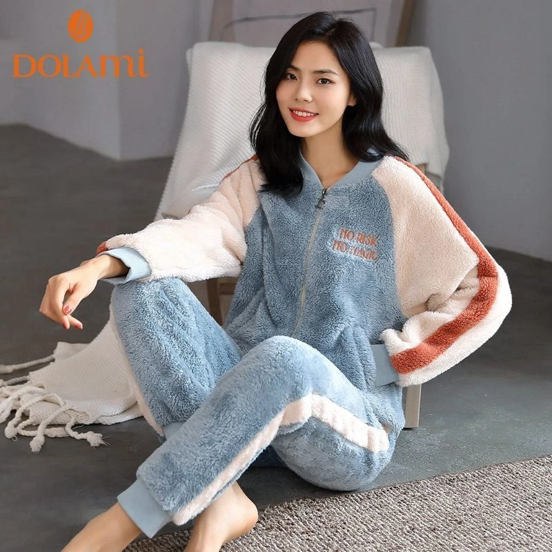 多拉美睡衣女秋冬珊瑚绒加厚加绒冬天2021新款法兰绒家居服套装女