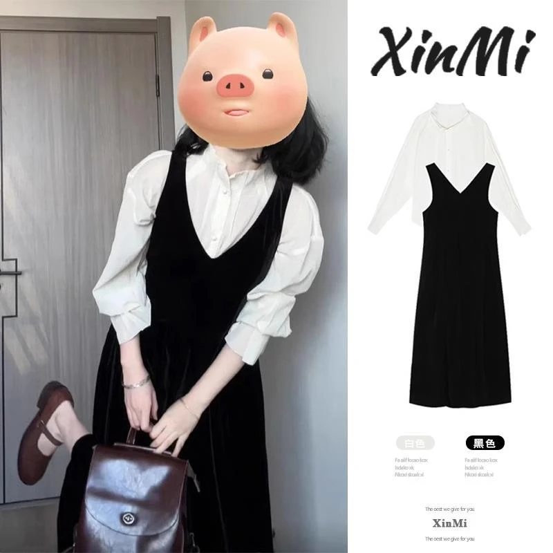 学院风背带长裙富家千金连衣裙子女春装茶系穿搭一整套丝绒小黑裙
