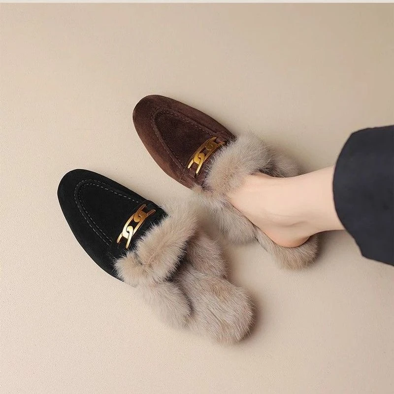 新中式简约平底毛毛拖鞋女外穿磨砂棉拖鞋穆勒鞋秋冬季单鞋包头