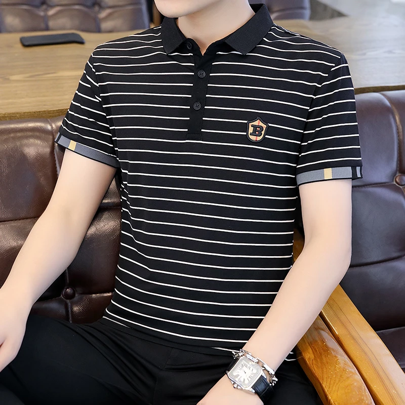条纹短袖Polo衫男士2024夏季新款刺绣潮牌体恤修身休闲翻领男t恤