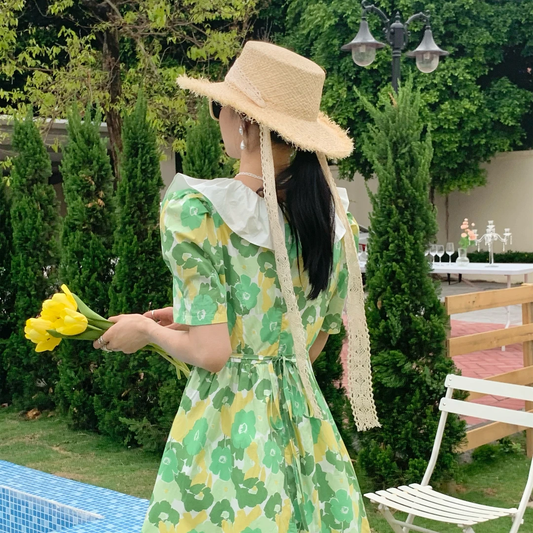 女款夏季平顶法式拉菲草编系带草帽子海边遮阳帽帽复古礼帽蝴蝶结