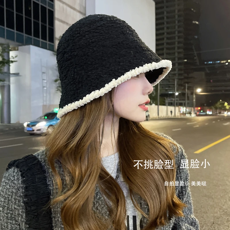 黑色水桶帽女时尚百搭大头围针织盆帽秋冬季保暖渔夫帽显脸小帽子