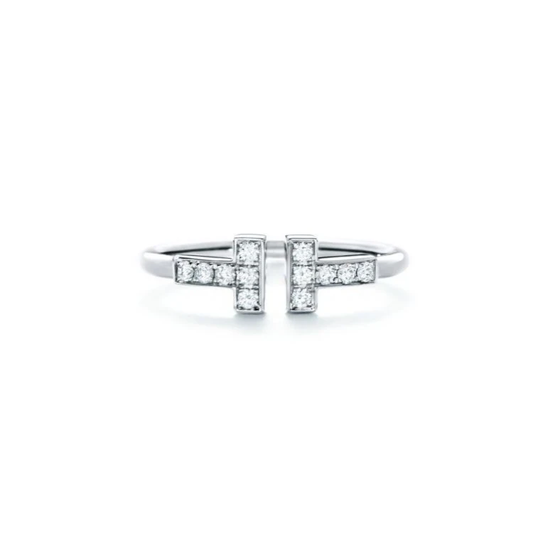 99新 Tiffany & Co./蒂芙尼 T系列白金双T半钻戒指50码