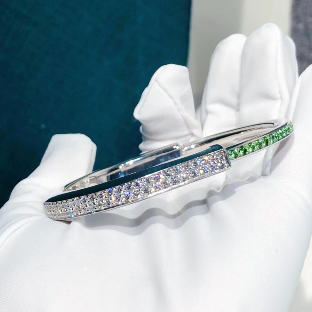99新 Tiffany & Co./蒂芙尼 Lock系列白金满钻拼沙弗莱石手镯