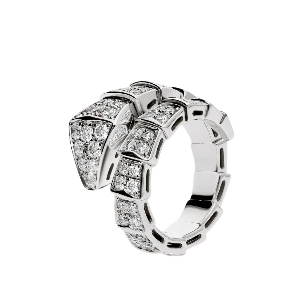 99新 BVLGARI/宝格丽 白金满钻宽版蛇头戒指【JT】