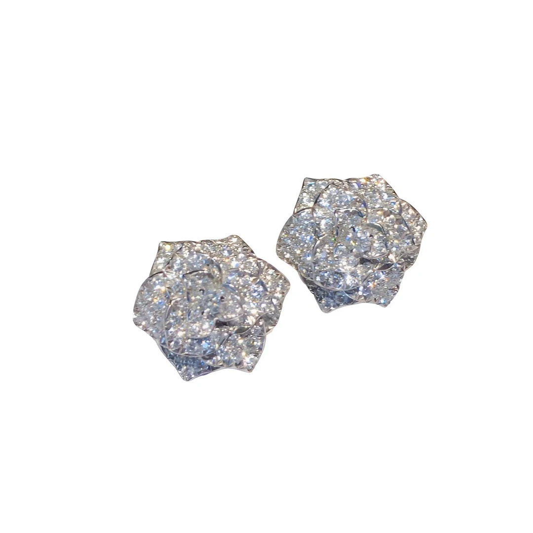 99新 Piaget/伯爵 Rose系列白金满钻玫瑰花耳钉