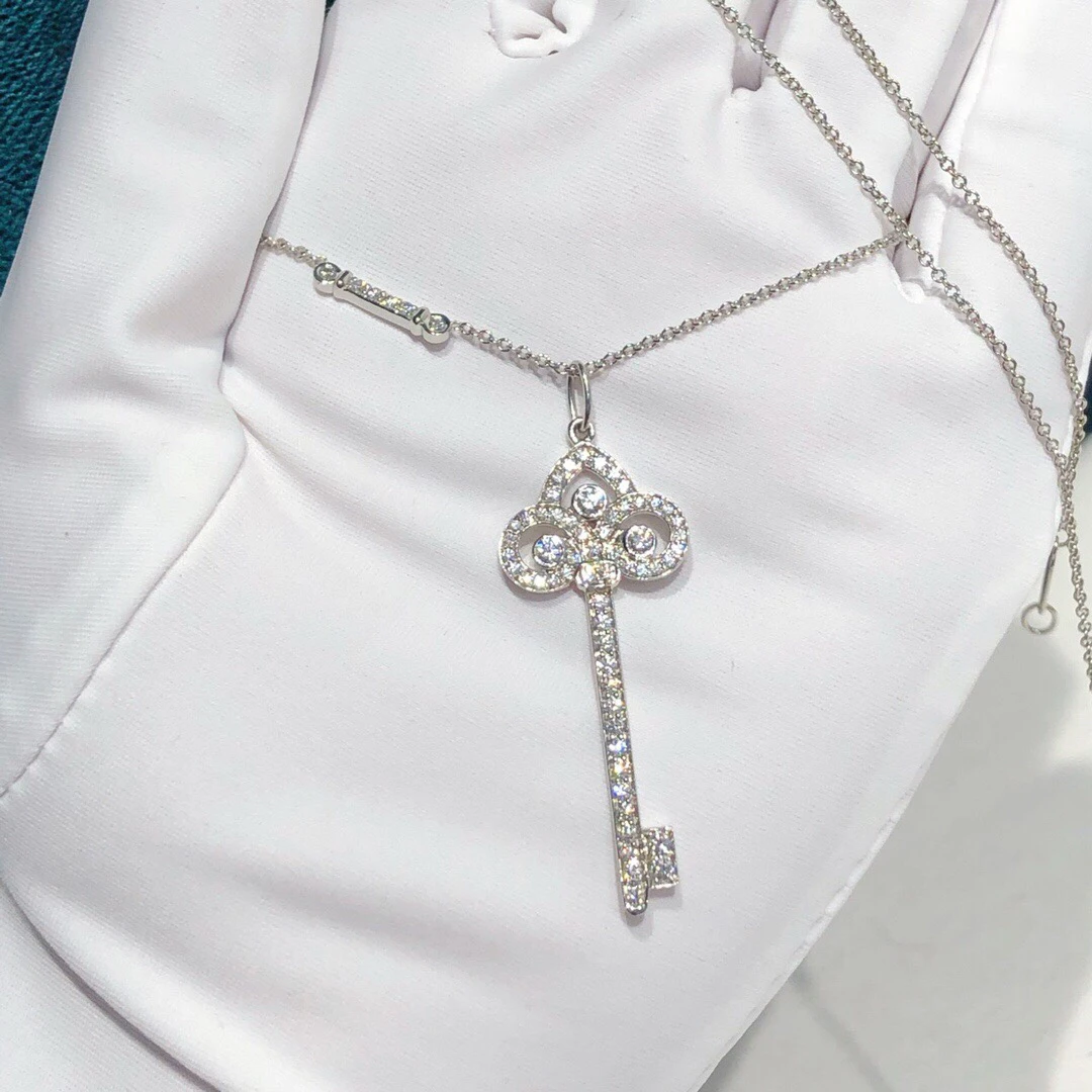 未使用 Tiffany & Co./蒂芙尼 白金满钻鸢尾花搭配鸢尾花枝锁骨链