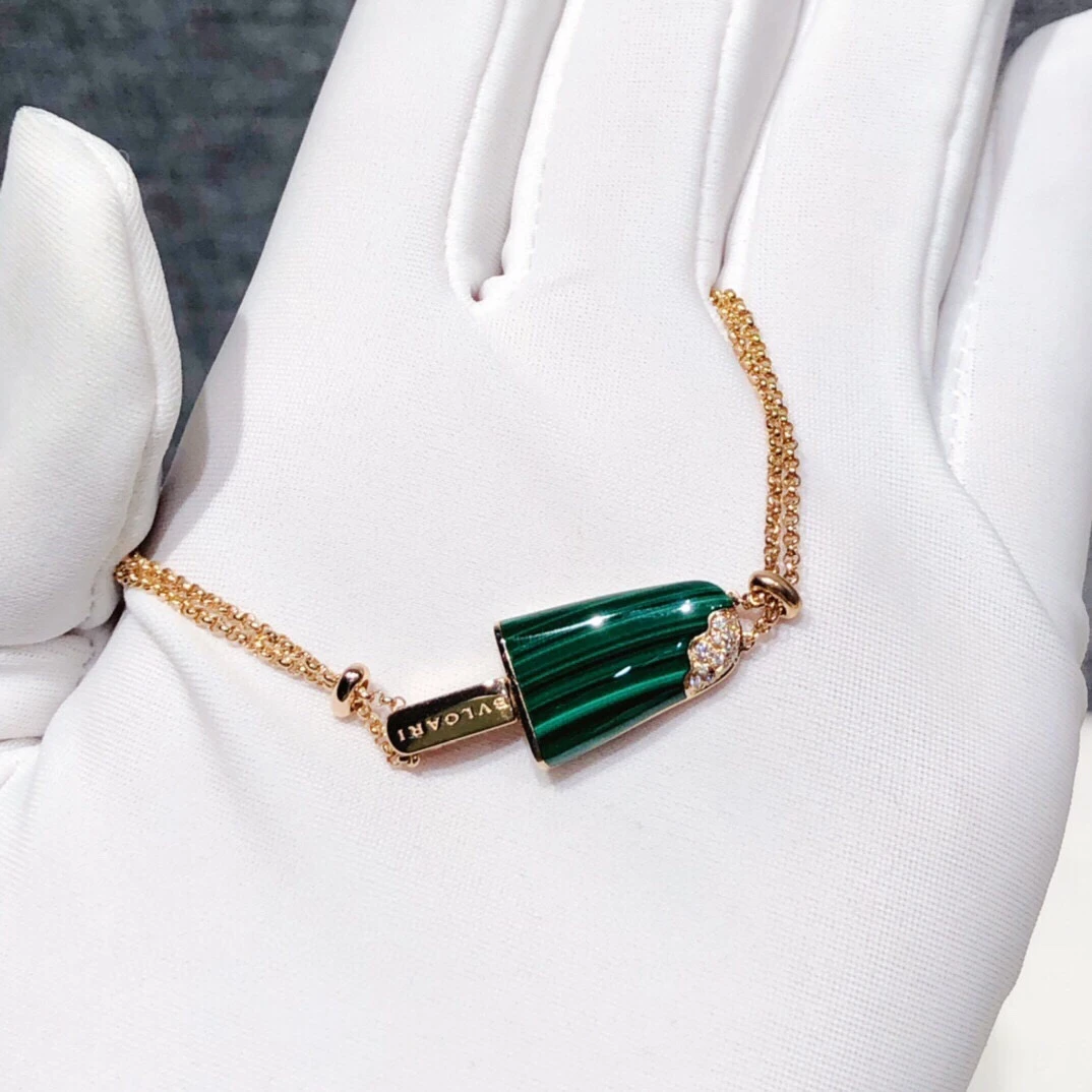 99新 BVLGARI/宝格丽 Bvlgari 系列玫瑰金孔雀石带钻冰激凌手链sm