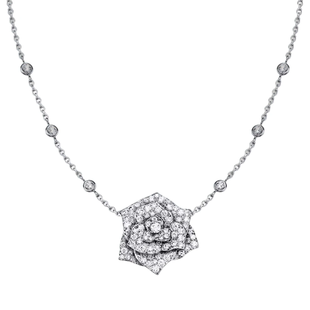 99新 Piaget/伯爵 PIAGET ROSE系列白金满钻玫瑰花项链【JT】