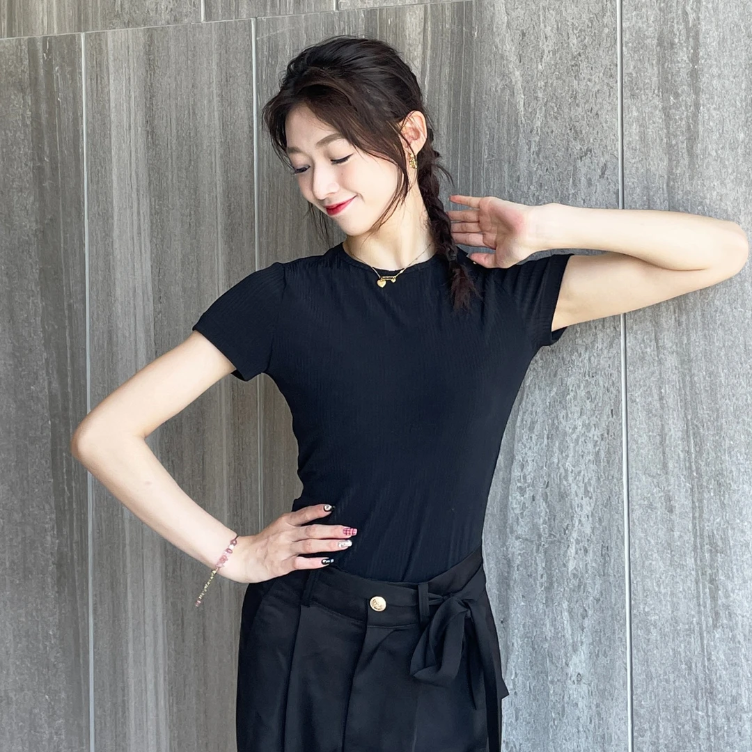 黑色基础短袖连体上衣透气圆领摩登现代舞蹈服Win舞服高级定制