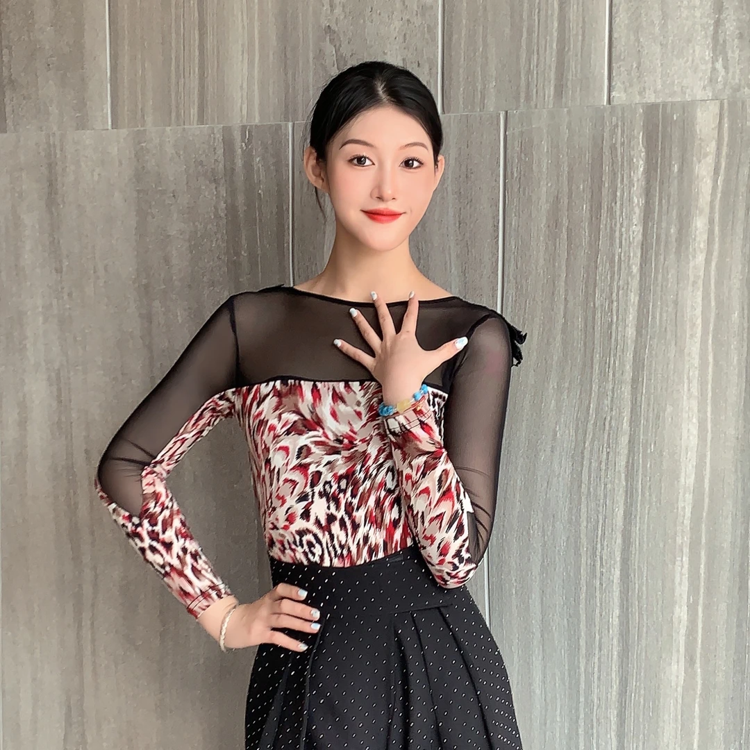 【WIN舞服定制】红豹纹上衣——摩登舞服气质修身时尚网纱性感上衣