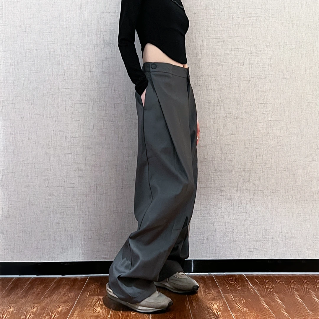 美式黑色深灰色西装裤休闲风高级感垂感高街设计感百搭阔腿裤子女