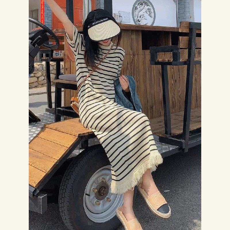 法式条纹t恤连衣裙女2024夏港味复古chic宽松休闲直筒气质长裙子
