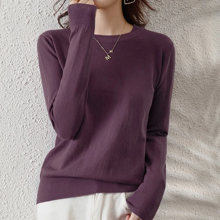 女士圆领套头毛衣 针织衫 天蓝色毛衣 偏胖胸大打底衫 显瘦百搭