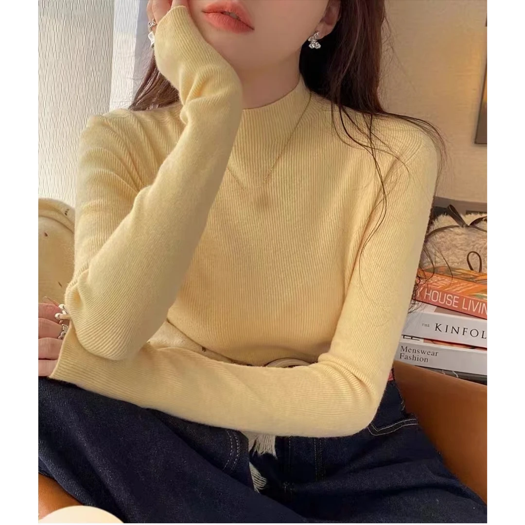 黄色毛衣秋冬女针织衫新款秋冬洋气长袖半高领内搭打底衫中领上衣